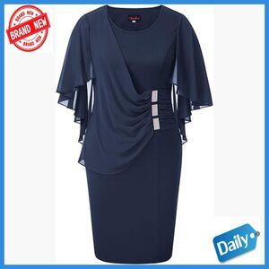 Plus Size Chiffon Ruffle Cape Sleeve Bodycon Pencil Midi Dress